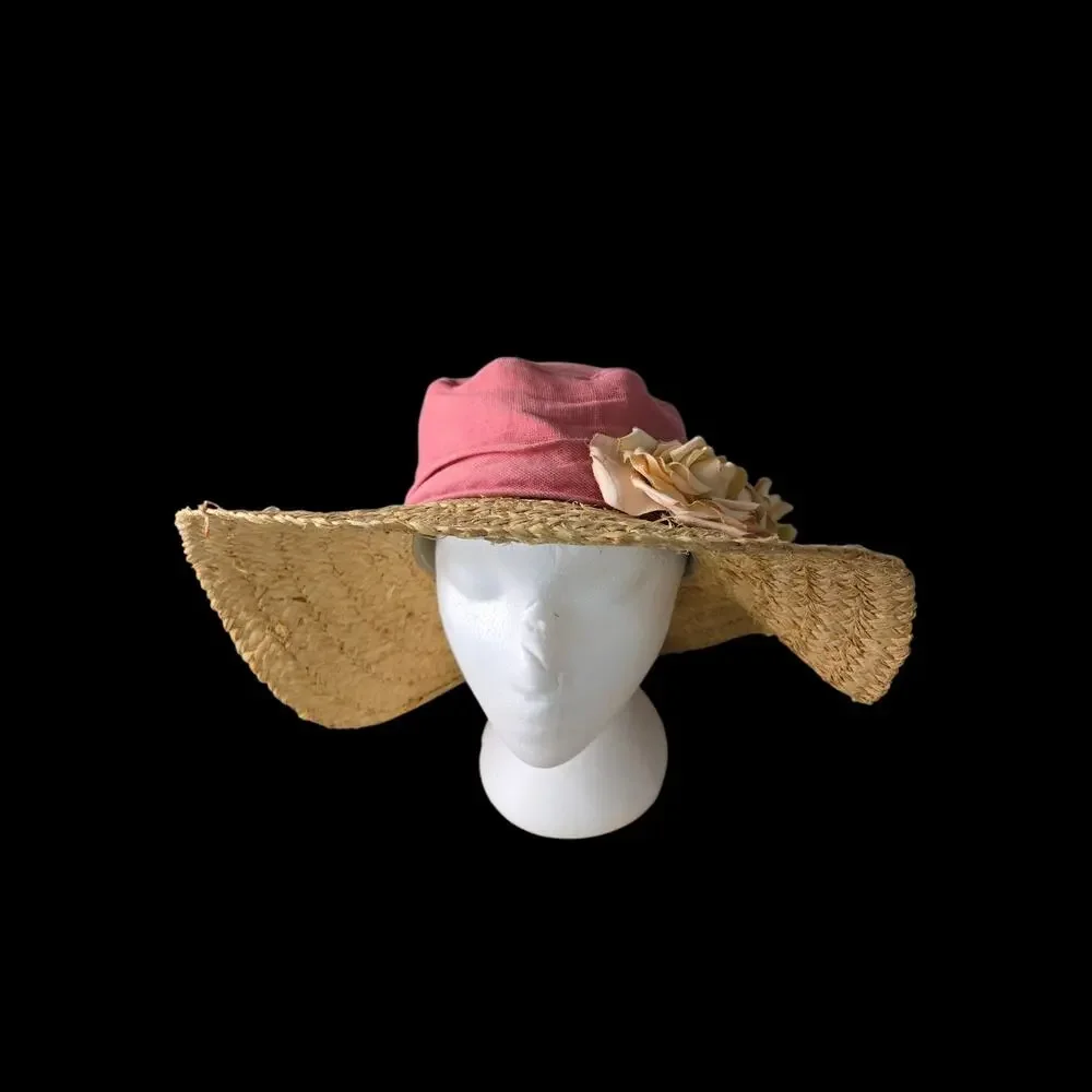 Vintage Hoodlums Ltd Floppy Sun Hat Pink Flowers Straw Brim Cottagecore One Size - Picture 2 of 16